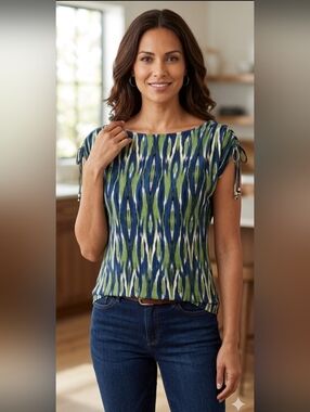 MICHAEL Michael Kors Blue, Green & White Ikat Tie-Sleeve Tank Size P/S